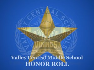 Blue background with VCSD logo watermark with gold star over top and Valley Central Middle School Honor Roll written on it.