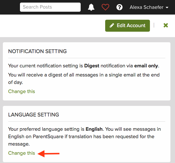 ParentSquare Change Language Settings with Arrow Pointing to Change