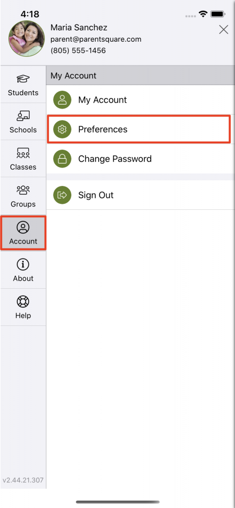 ParentSquare sample mobile app showing where to find account preferences