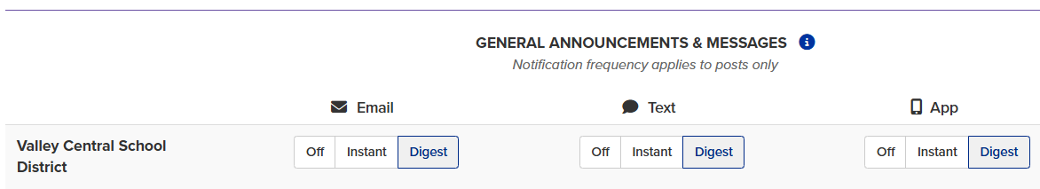 ParentSquare notification settings for email, text and app notifications.